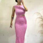 Pembe Bel Dekolteli Midi Boy Elbise