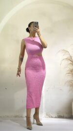 Pembe Bel Dekolteli Midi Boy Elbise