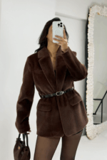 Kahverengi Kırçıllı Kemerli Astarlı Ceket - Görsel 7