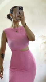 Pembe Bel Dekolteli Midi Boy Elbise - Görsel 2