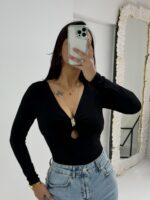 Siyah Gold Detay Göğüs Pencere Dekolteli Bluz - Görsel 2