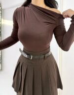 Kahverengi Kayık Yaka Bluz - Görsel 3