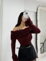 Bordo Püsküllü Madonna Kazak - Görsel 4