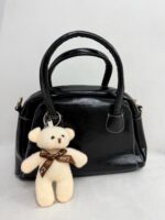 Siyah Ayıcık Aksesuar Parlak Deri Çanta - Görsel 6