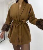 Kahverengi Kolları Tüylü Kısa Kaban - Görsel 8