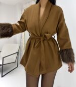 Kahverengi Kolları Tüylü Kısa Kaban - Görsel 9