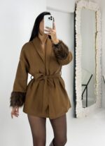 Kahverengi Kolları Tüylü Kısa Kaban - Görsel 5