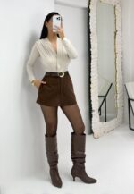 Kahverengi Visko Kemerli Şort Etek - Görsel 3