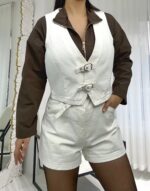 Ekru Şort Yelek Denim Takım - Görsel 5