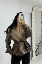 Kahverengi Kürklü Deri Ceket - Görsel 5