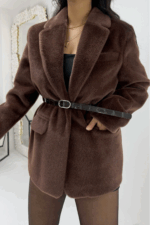 Kahverengi Kırçıllı Kemerli Astarlı Ceket - Görsel 2