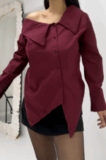 Bordo Asimetrik Yaka Gömlek - Görsel 4