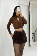 Acı Kahve Süet Kemerli Şort Etek - Görsel 2