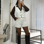 Ekru Şort Yelek Denim Takım