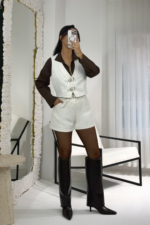 Ekru Şort Yelek Denim Takım