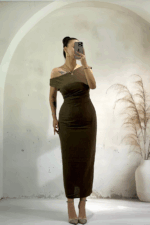 Acı Kahve Arkadan Yırtmaçlı Midi Boy Elbise￼ - Görsel 4