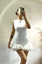 Beyaz Balon Etek Detay Mini Elbise - Görsel 4