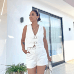 Ekru Şort Yelek Denim Takım