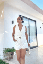 Ekru Şort Yelek Denim Takım