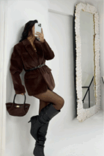 Kahverengi Kırçıllı Kemerli Astarlı Ceket - Görsel 5