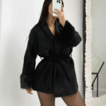 Siyah Kolları Tüylü Kısa Kaban