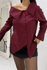 Bordo Asimetrik Yaka Gömlek - Görsel 3