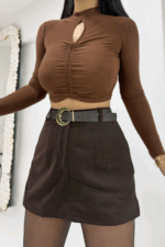 Acı Kahve Süet Kemerli Şort Etek - Görsel 4
