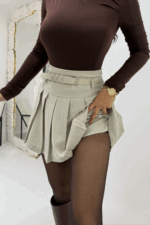 Bej Pileli Kemerli Şort Etek - Görsel 5