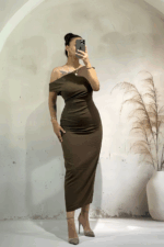 Acı Kahve Arkadan Yırtmaçlı Midi Boy Elbise￼ - Görsel 3