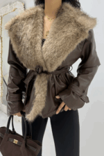 Kahverengi Kürklü Deri Ceket - Görsel 4