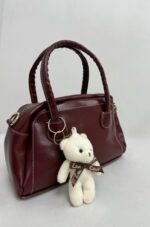 Bordo Ayıcık Aksesuar Parlak Deri Çanta