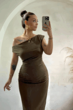 Acı Kahve Arkadan Yırtmaçlı Midi Boy Elbise￼ - Görsel 2