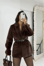 Kahverengi Kırçıllı Kemerli Astarlı Ceket