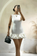 Beyaz Balon Etek Detay Mini Elbise - Görsel 2