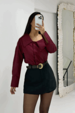 Bordo Asimetrik Yaka Gömlek - Görsel 2