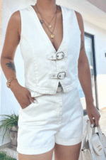 Ekru Şort Yelek Denim Takım - Görsel 2