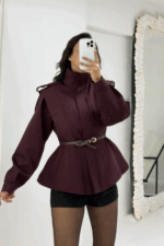 Mürdüm Kemerli Vatkalı Ceket - Görsel 4