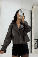 Acı Kahve Astarlı Deri Ceket - Görsel 6