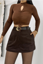 Acı Kahve Süet Kemerli Şort Etek