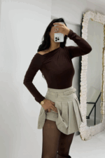 Bej Pileli Kemerli Şort Etek - Görsel 2