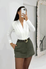 Haki Yeşil Süet Kemerli Şort Etek - Görsel 5