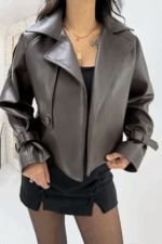 Acı Kahve Astarlı Deri Ceket - Görsel 3