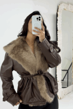 Kahverengi Kürklü Deri Ceket - Görsel 2