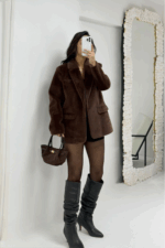 Kahverengi Kırçıllı Kemerli Astarlı Ceket - Görsel 4