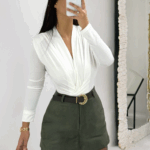 Haki Yeşil Süet Kemerli Şort Etek