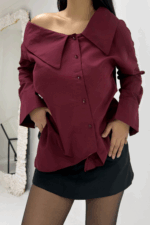 Bordo Asimetrik Yaka Gömlek - Görsel 5