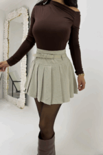 Bej Pileli Kemerli Şort Etek - Görsel 3