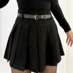 Siyah Kemerli Pileli Mini Etek