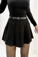 Siyah Kemerli Pileli Mini Etek