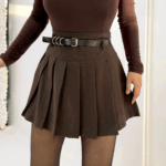 Kahverengi Pileli Kemerli Şort Etek
